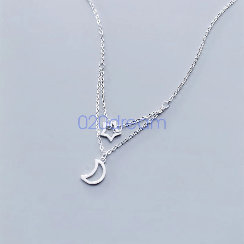 925 Sterling Silver Pendant Necklace 1.3mm Trace Chain Star & Moon Extend Adjust - Image 2 of 4