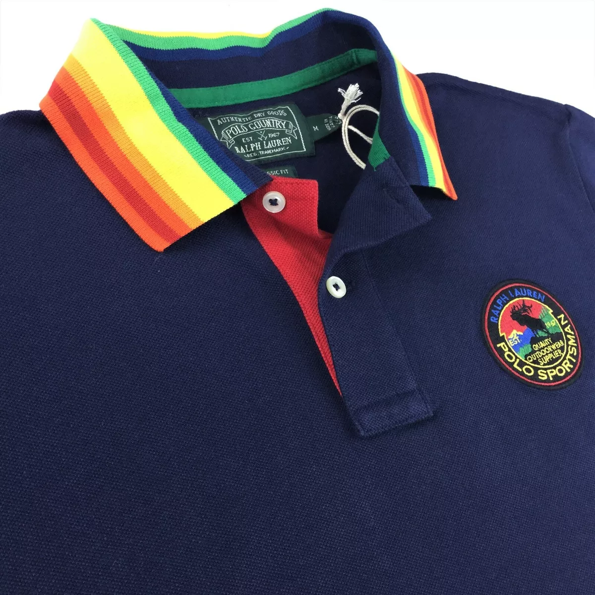 Polo Ralph Lauren Men Navy Classic VTG Sportsman Rainbow Collar Mesh Polo Shirt