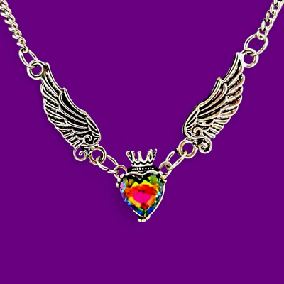 VITRAIL HEART & WINGS NECKLACE small silvertone & rainbow crystal love angel E2