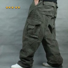 UK Men's Army Combat Loose Baggy Casual Cargo Pants Cotton Outdoor Work Trousers
