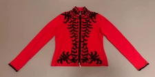 Victor Costa~Elegant Red W/ Black Velvet Embroider Zip Cardigan Sweater Jacket~M