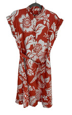 Women's C&A Orange Floral Linen Cap Sleeve Fit & Flare Belted Midi Dress Size M 