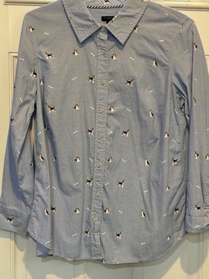 Talbots Fetching Beagle Dog Fetch Print Button Up Shirt 1X Blue Modern Classic