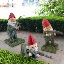 3Pcs Garden Gnomes Military Gnome Statues with Fake Gun Funny Army Gnomes 4.5''
