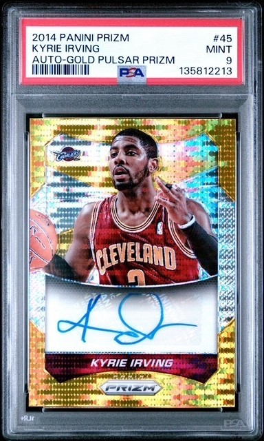 2014 PANINI PRIZM KYRIE IRVING 45 GOLD PULSAR #D 2/10 (JERSEY) AUTO SIGNED PSA 9