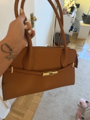 Furla Brown Leather Satchel Top Handle Bag Gold Hardware Zip Closure