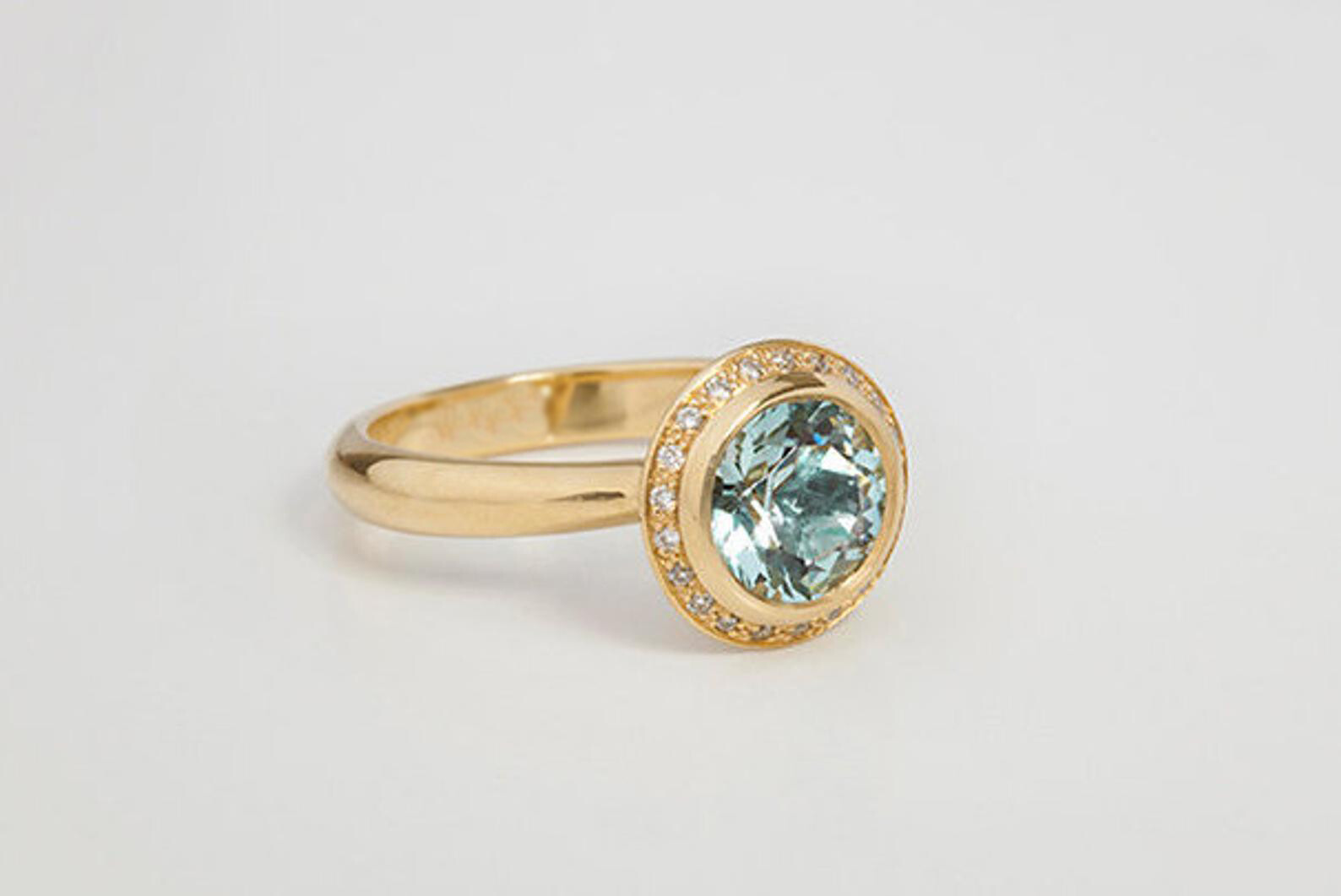 2ct Blue Aquamarine Halo Diamond Ring in Yellow Gold Plated Silver  