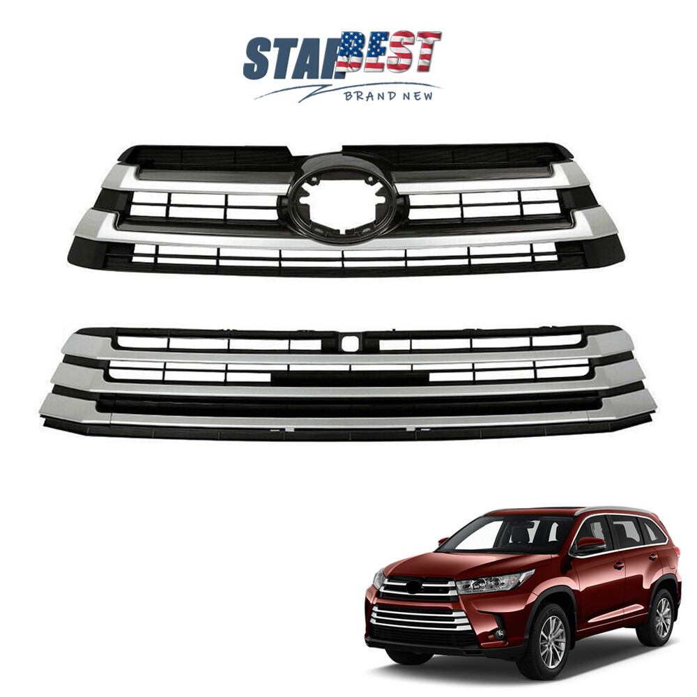 Waltyotur Fit For Toyota Highlander 2018-2019 Front Upper Lower Grille Gloss Black Grill