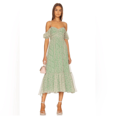 NWT Bardot Fauna Cold Shoulder Ruched Bodice Floral Midi Flare Dress Green  Small | eBay