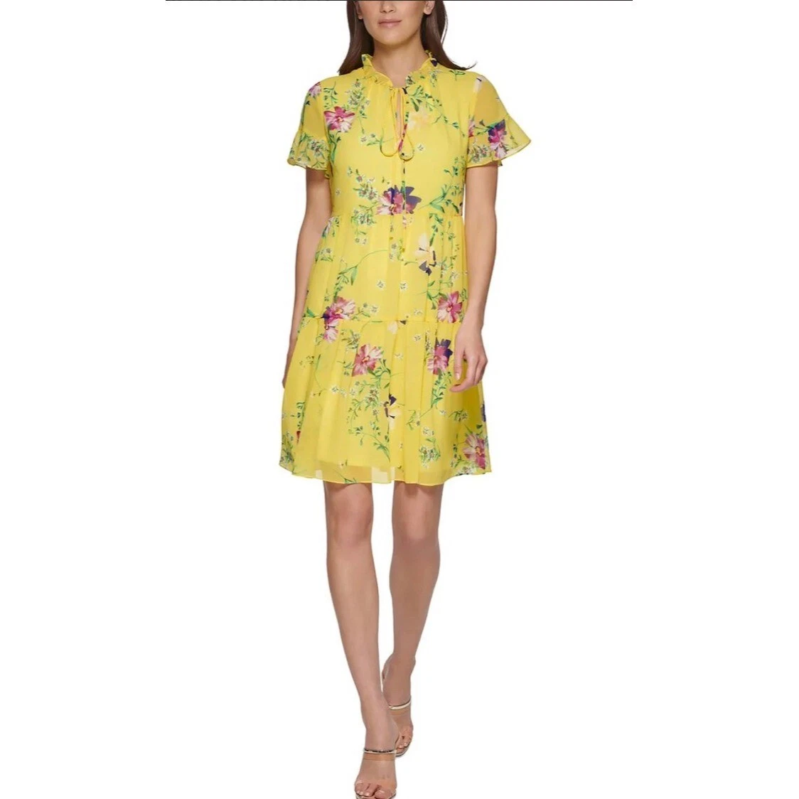 Dkny Floral Print Ruffled Tie Neck Tiered Mini Chiffon Dress