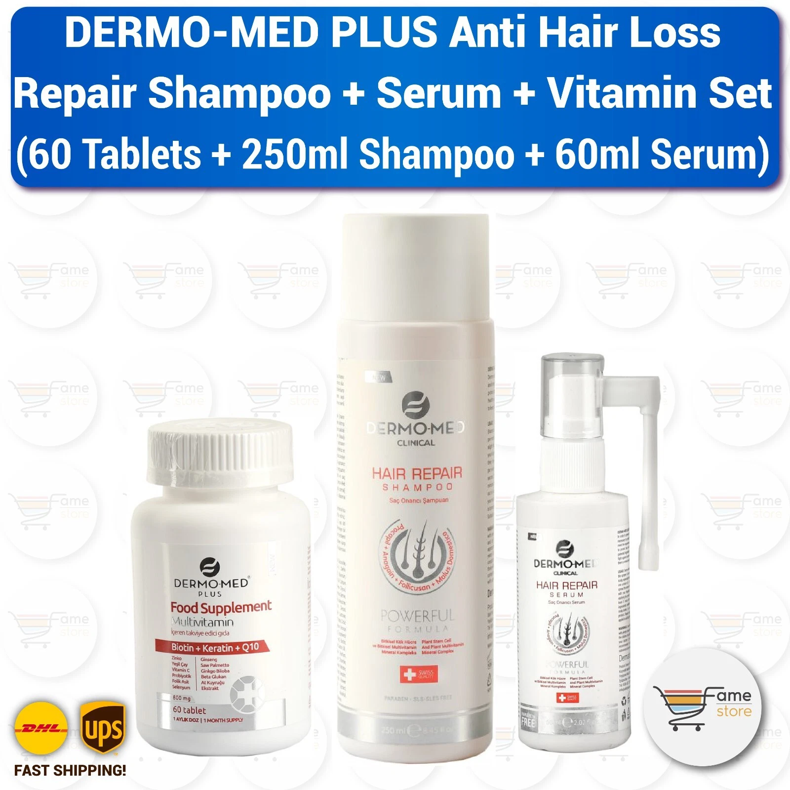 Dermomed Clinical Shampoo, Serum and Multivitamin Set (250ml + 60ml + 60 Tablets