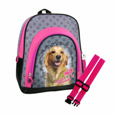 Set Kinder-Rucksack Hund Cleo & Frank  grau pink  24 x 31  + Brustgurt GURTIES 