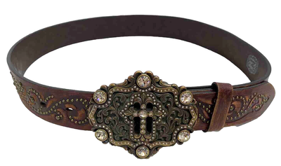 Tony Lama Studded Tooled Brown Leather Belt Buckle Rhinestone Cross Womens 32 TONY LAMA Womens 32 main image 4