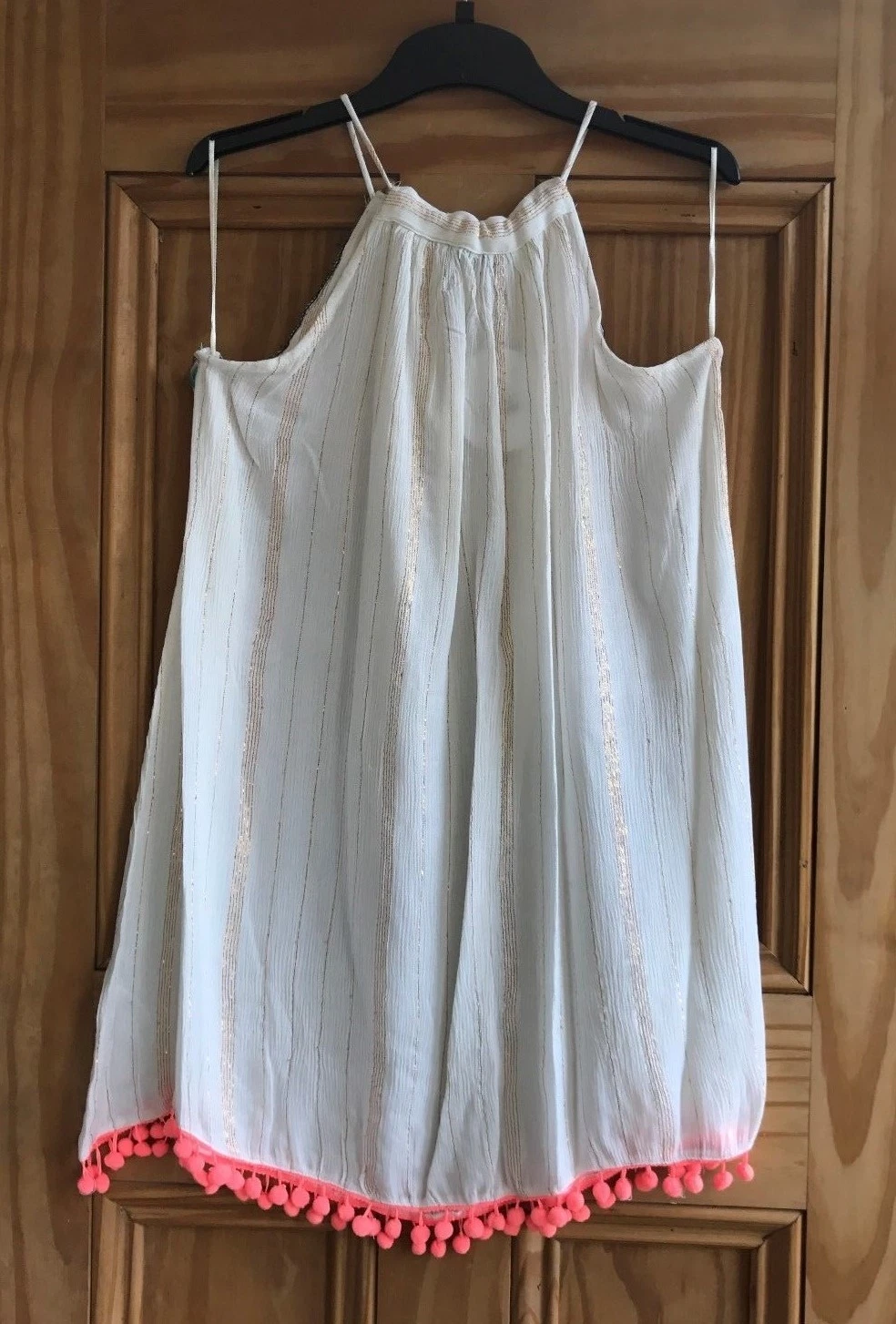 OFF WHITE Abito da spiaggia donna nuovo panna bianco rosa oro lamina pom pom taglia 6 8