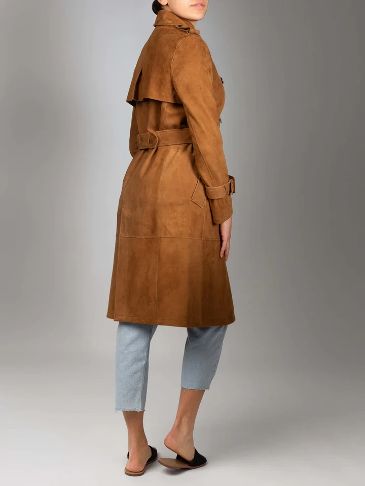 Womens Brown Suede Leather Trench Coat Size S M L XL XXL 3XL Custom Made - Image 4 of 4
