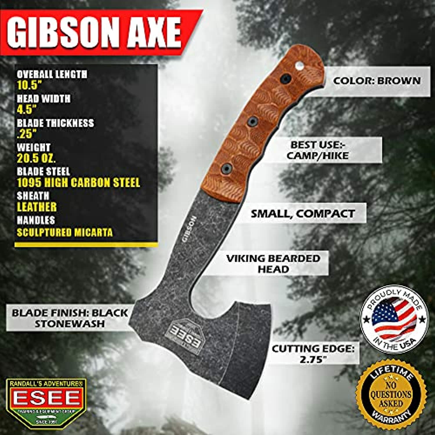ESEE Knives James Gibson Camping Bushcraft Axe - Leather Sheath - Made in USA