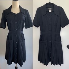 Authentic Chanel Dress Sz 40 12 Navy Blue Black Short Sleeves Pockets CC Buttons
