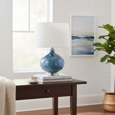 Blaue moderne Glas Tischlampe mit Schirm 58 cm groß & abstraktes Design