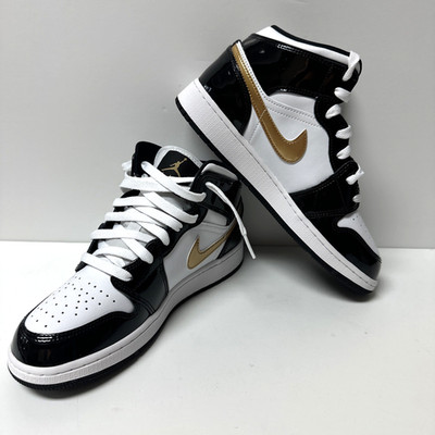 Nike Air Jordan 1 Mid SE (GS) Size 6Y Black White Gold Patent