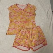 Garnet Hill Asian Wrap Organic Cotton Shorty Pajamas Orange Yellow Pink Floral L