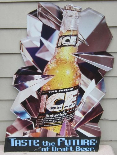 LARGE Vintage BUDWEISER Cold-Filtered ICE DRAFT BEER Tin Tacker BAR SIGN