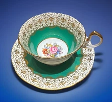 Vintage Aynsley England Bone China Teacup & Saucer – Green & Gold Floral