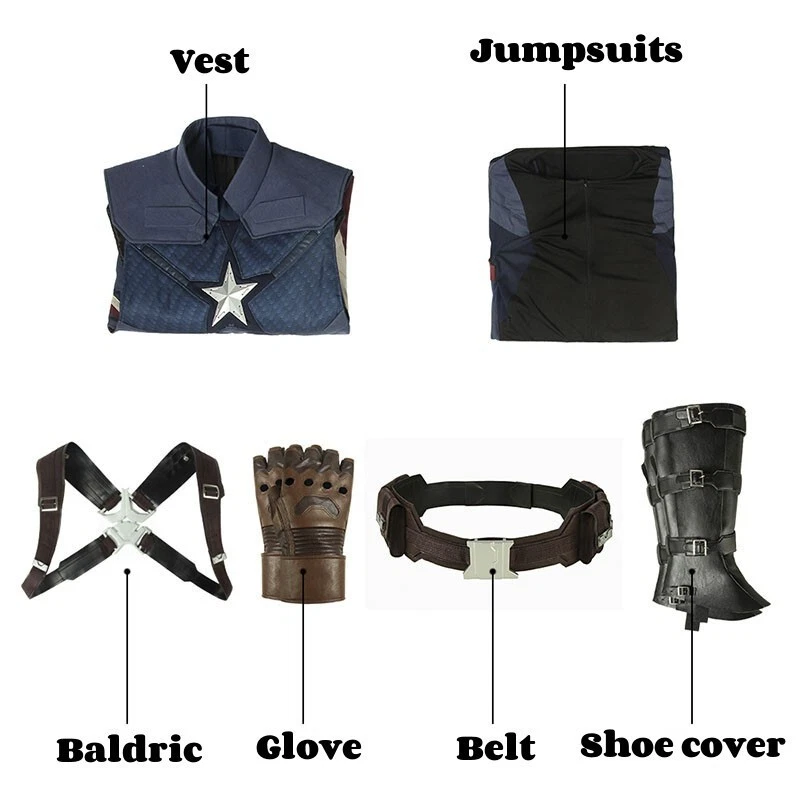 Capitán América 3 Hombres Cosplay Custome Set Monos Máscara Zapatos Guante Cinturón Lote Foto 2 de 4