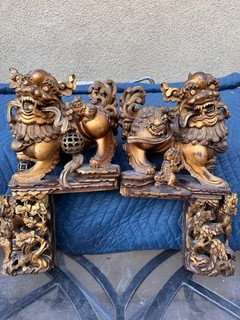 Antique Chinese 2 Gold Gilt Carved Wood Foo dogs Asian China