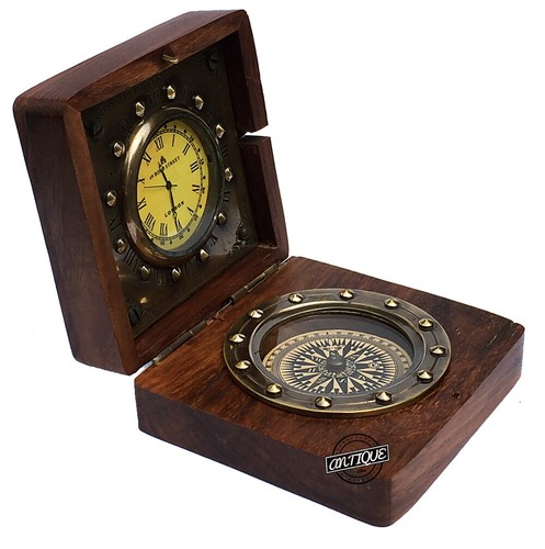 Vintage Nice Decorative Clocks Desktop Magnetic Wooden Compass Premium Home Deco - Picture 4 of 8