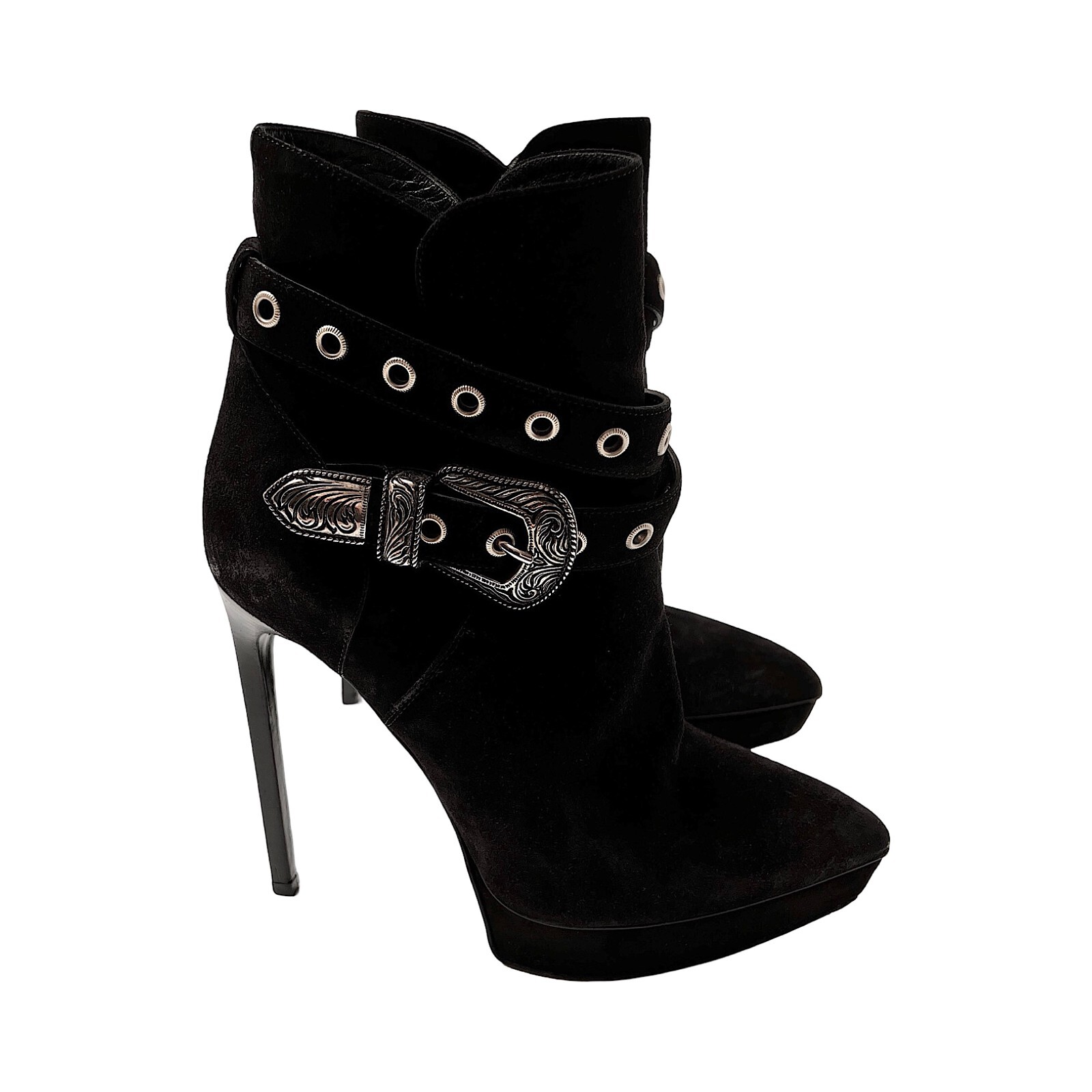 Stivali Saint Laurent tacco alla caviglia 38 UK 5 neri plateau fibbia ovest scamosciati