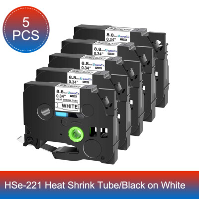 5PK HSE221 Shrink Tube Label Tape Compatible Brother PTE300 PT-E500 E800W 8.8MM
