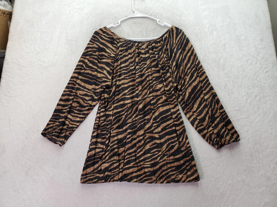 Blusa Top Michael Kors Para Mujer Grande Marrón Negro Estampado Tigre Plisada Cuello Redondo Foto 2 de 4
