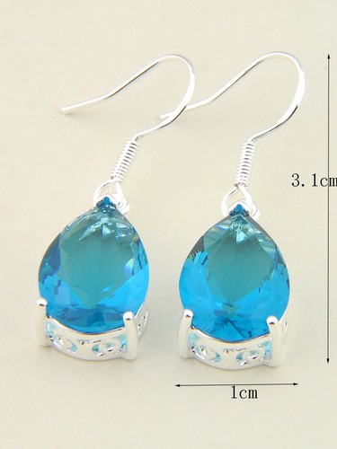 Eoropean Style Teardrop Fire Sky Blue Topaz Gemstone Silver Dangle Earrings - Picture 5 of 5