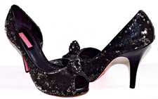BETSEY JOHNSON 10 M BLACK SILVER GLITTERY SEQUIN OPEN TOE PLATFORM PUMPS HEELS