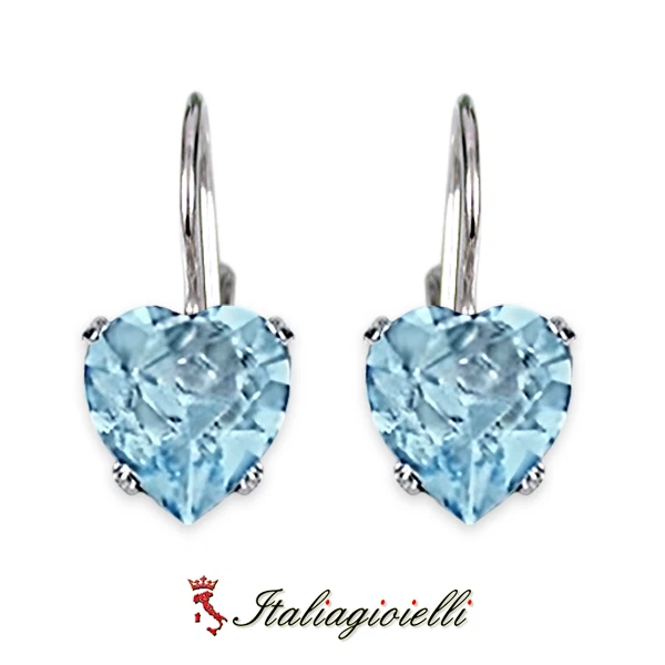 Orecchini Cuore Brillanti con Acquamarina in Argento 925 Rodiato Oro Bianco - Immagine 3 di 4