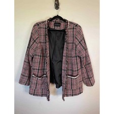 Eloquii | Red, Black, And White Plaid Embroidered Open Front Blazer Size 18