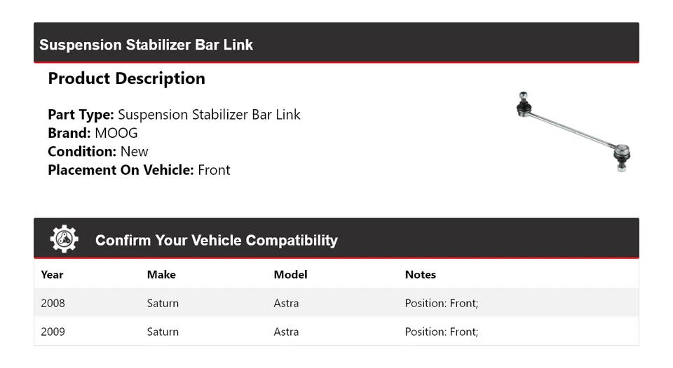 Переднее звено стабилизатора подвески для Saturn Astra 2008-2009 годов выпуска MOOG - Изображение 2 из 4