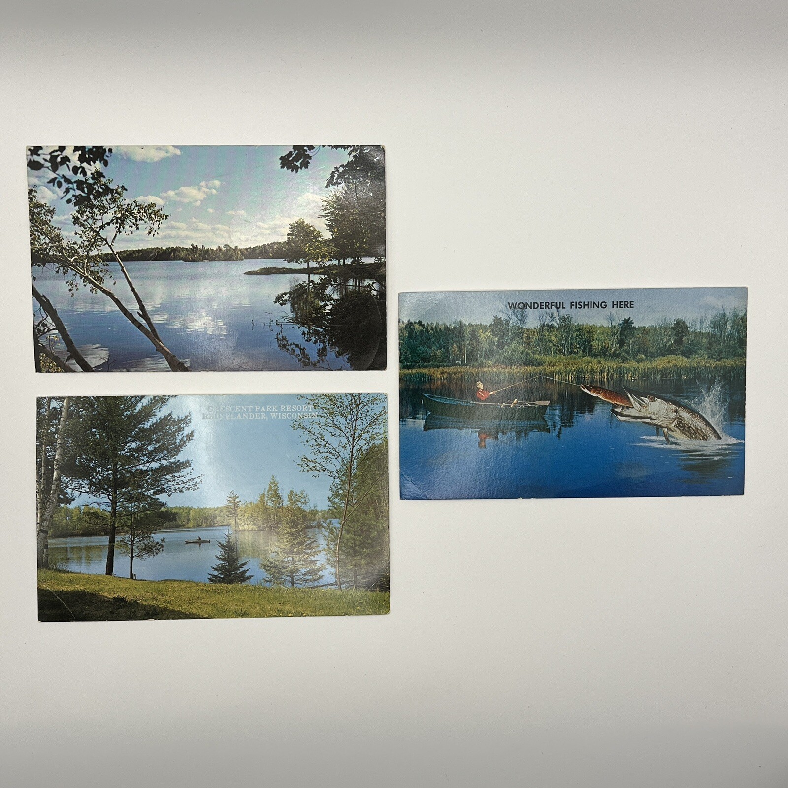 Vintage Postcards Lot of 3 Crescent Lake Rhinelander Wisconsin Fishing Unposted