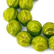 12 Czech Glass Melon Round Beads 8mm - Gold Marbled - Opaque Olive Green