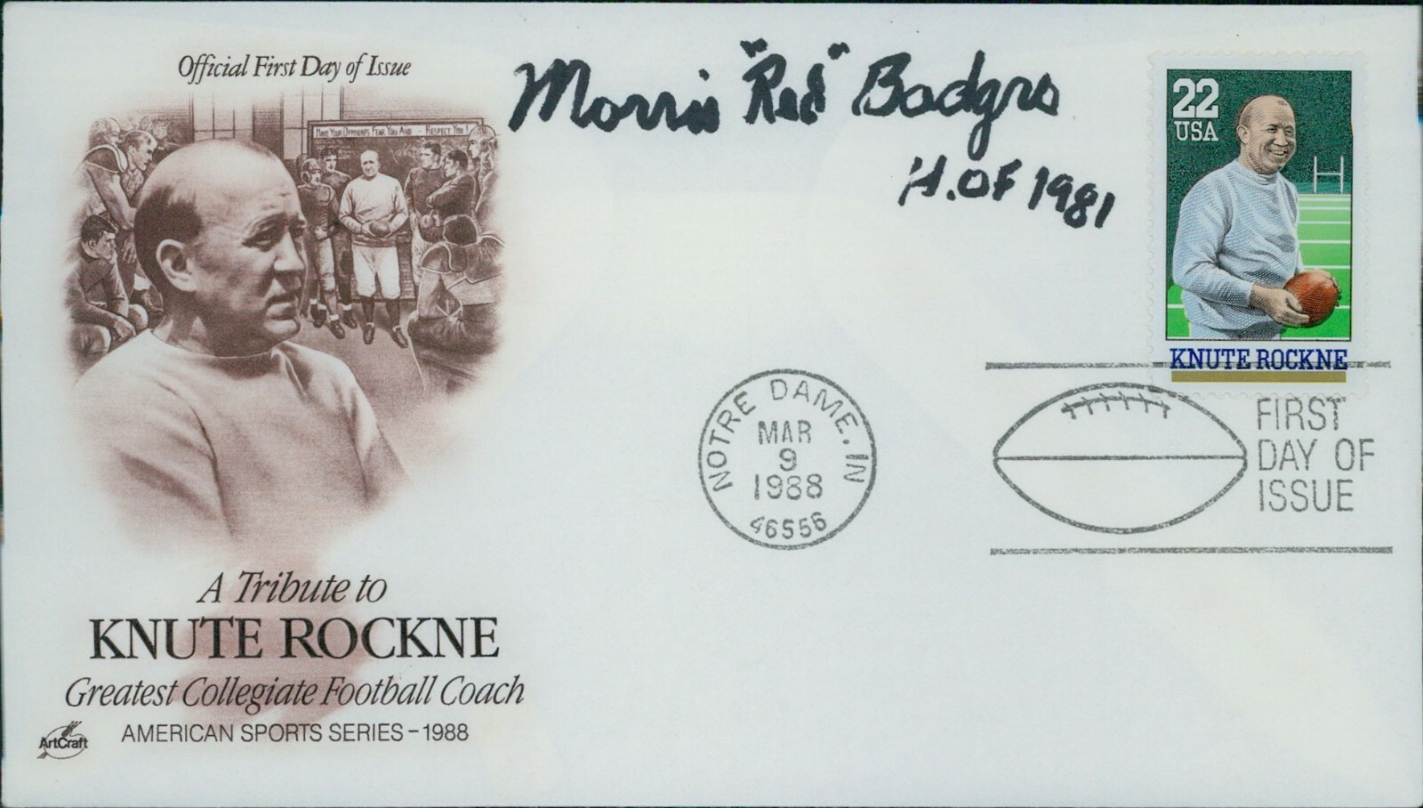Red Badgro Autographed Signed Tribute To Knute Rockne Fdi Cachet JSA Authenticated 