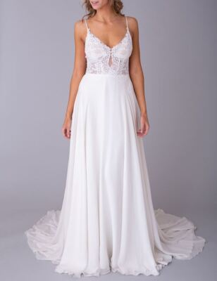 Louvienne Maxine 0-4 Wedding Dress Bridal Ivory Lace Floral Train Modern $2,390