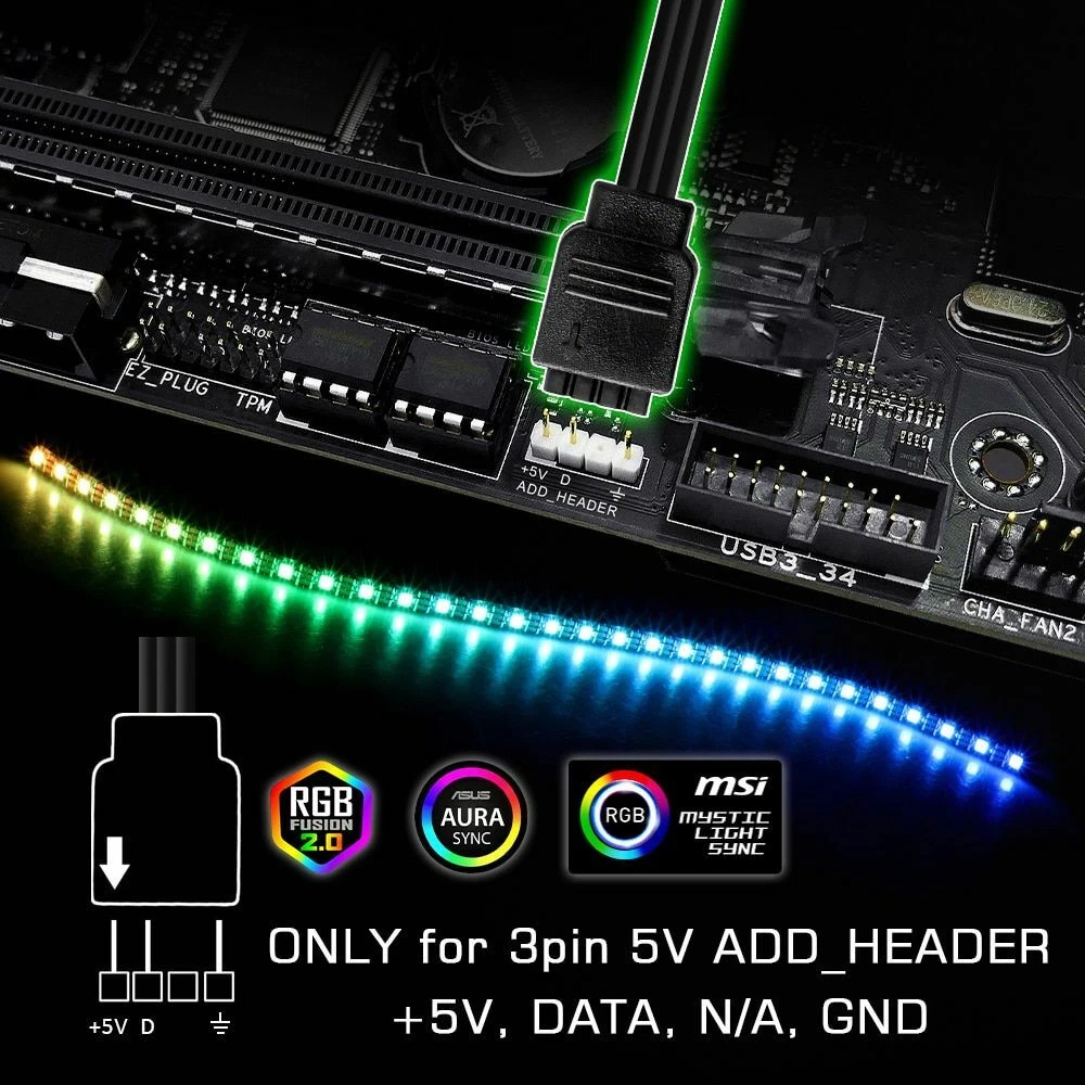 WS2812B RGB LED Strip 5V 3Pin Addressable LED Headers PC For ASUS AURA SYNC  / MSI Mystic Light Sync / GIGABYTE RGB Fusion 2.0