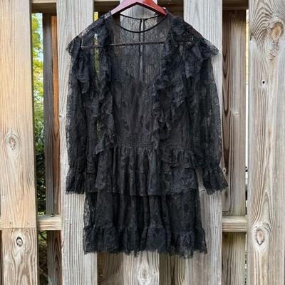Zara Lace Tiered Ruffle Whimsygoth Witchy Mini Dress with Slip Flared Sleeves S