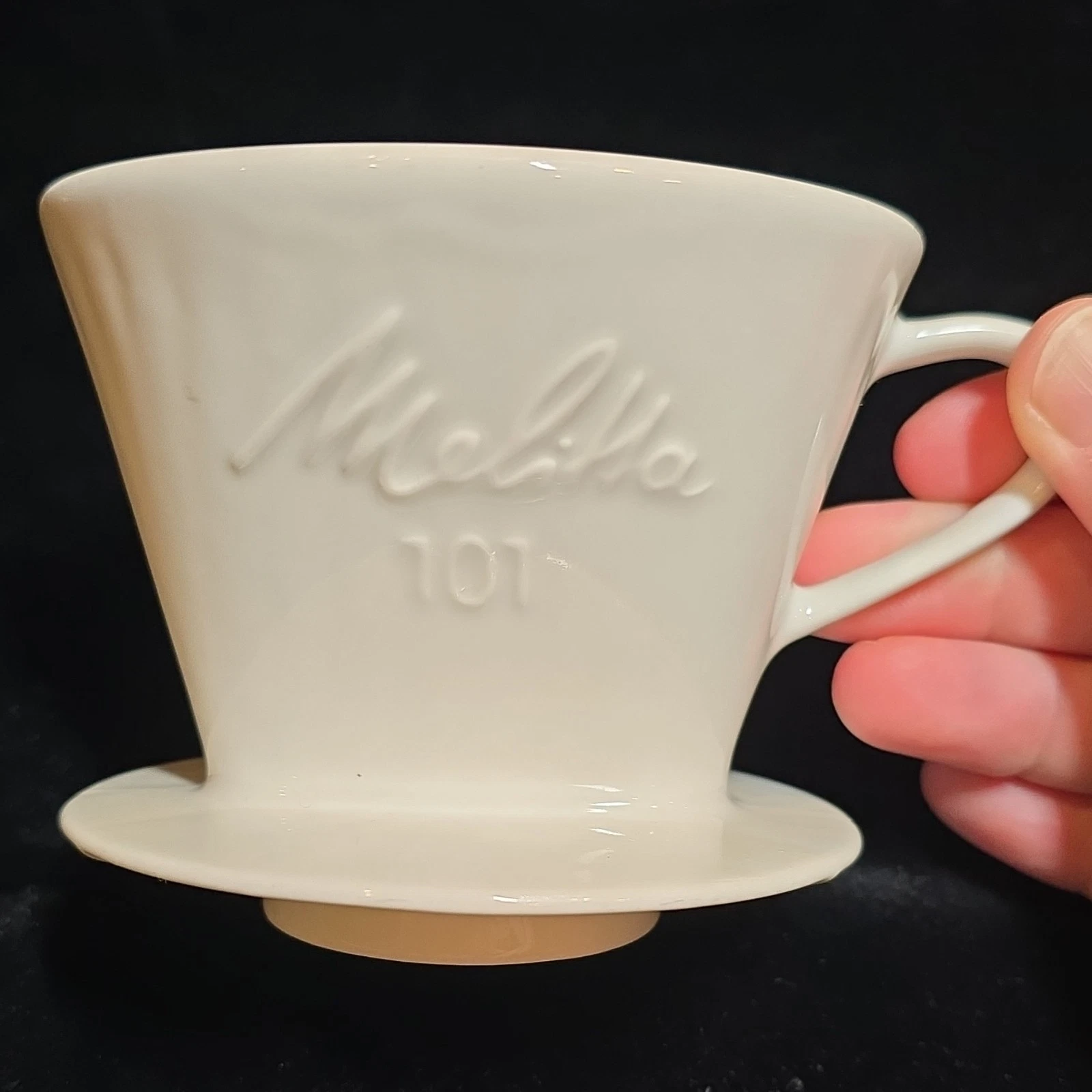 Melitta 101 Coffee Dripper - White Porcelain Pour Over - 1-Hole Relief Logo