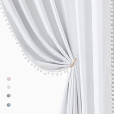White Blackout Curtains for Living Room Bedroom 84inch Long Pom Pom Curtain P...