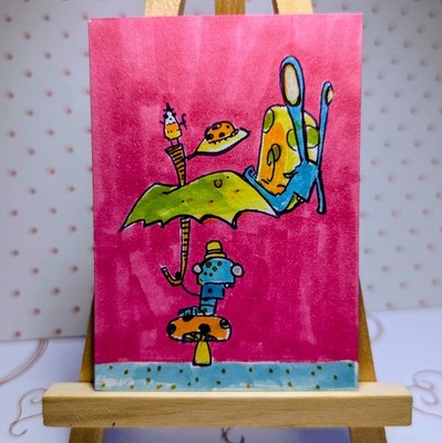 Original hand-drawn ACEO Halloween Worm Mushroom Apple Snail ArtByJewellTatum