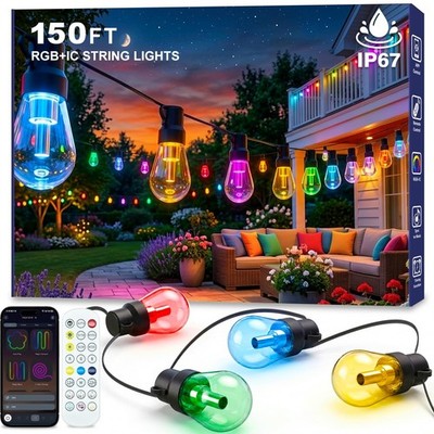 Outdoor String Lights 150FT RGB IC Outside Light Dimmable Shatterproof LED Bulbs