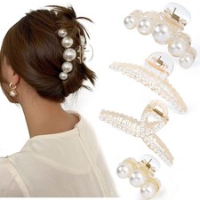 4 PCS Large Pearl Hair Claw Clips Women Girls Barrette Clamps Thick Thin
