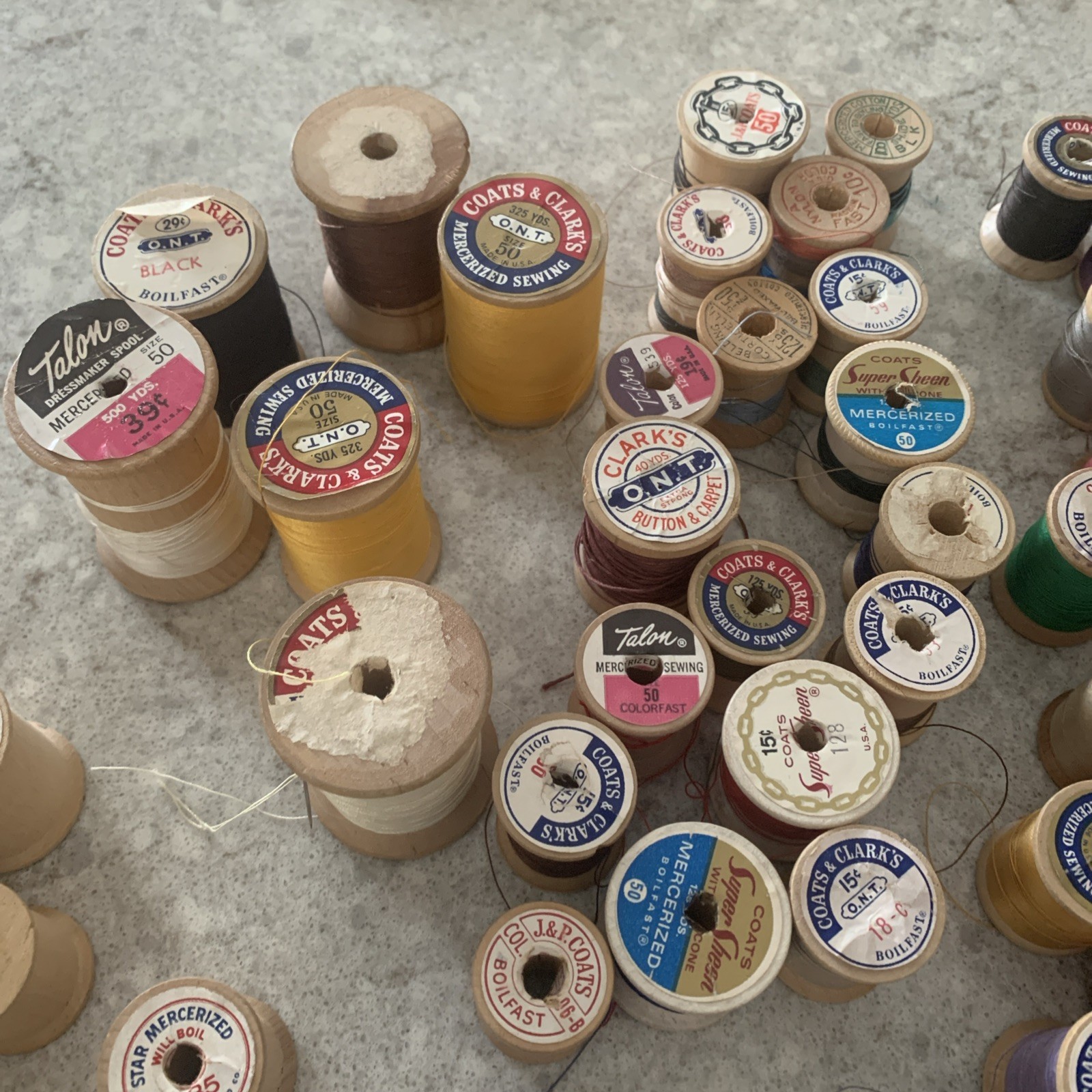 Vintage Lot of Old Wooden Sewing Thread Spools W/Thread & Empty Spools