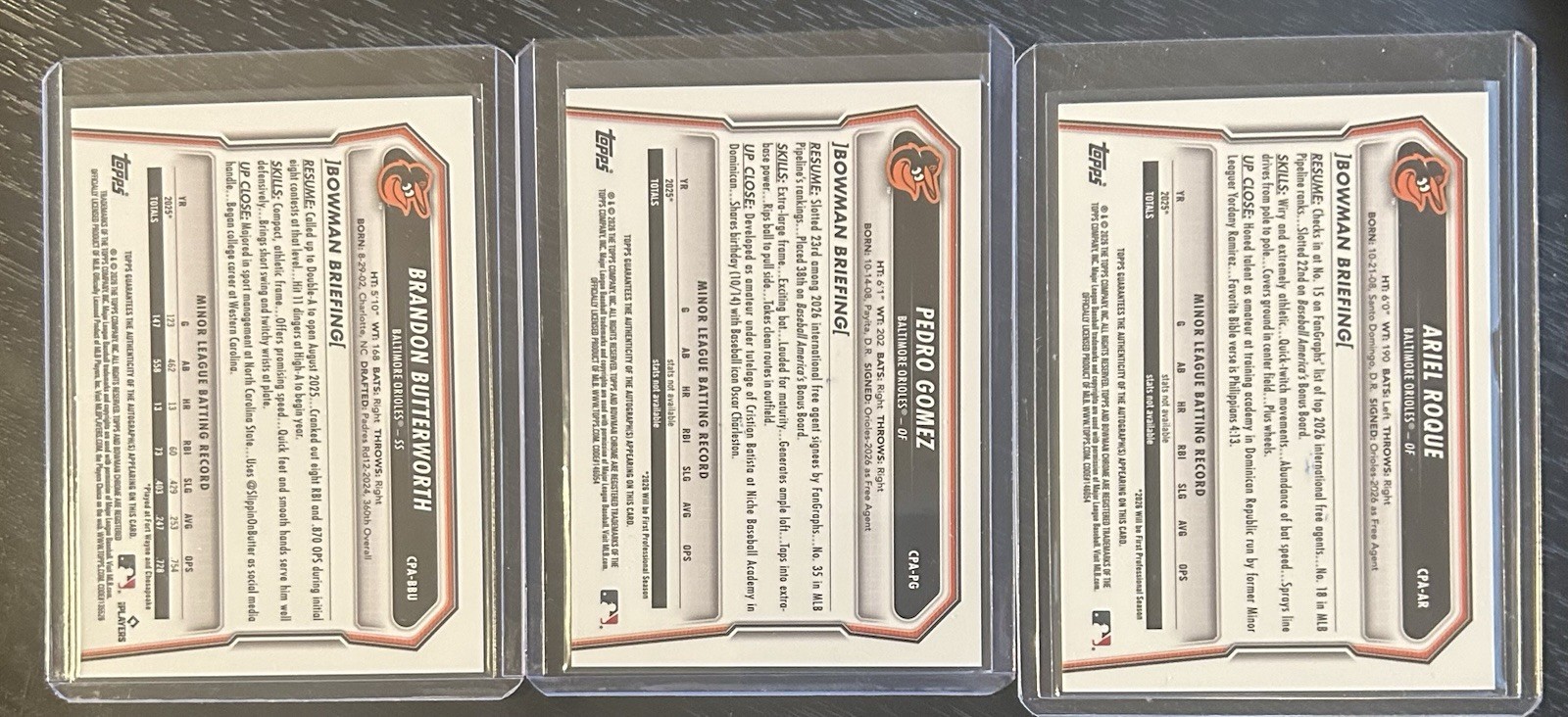 2026 Bowman Chrome Orioles Base Auto Lot Pedro Gomez Ariel Roque Butterworth view 2